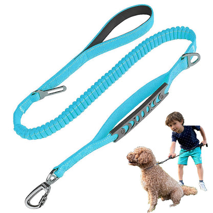 Blue dog leash with metal clips on a white background, with a child and dog in the corner.