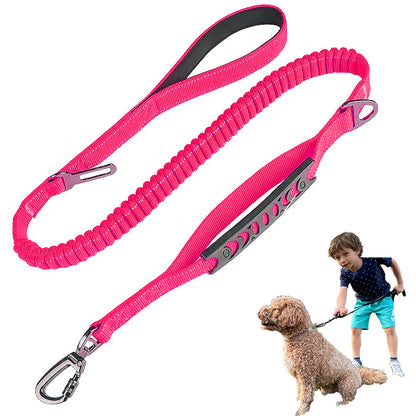 Pink dog leash with a child and dog on a white background