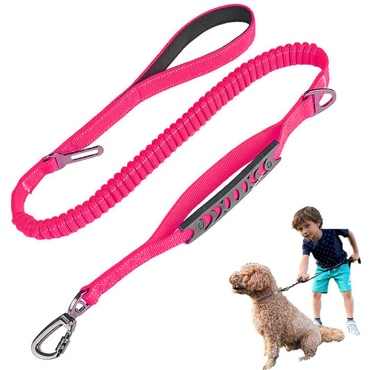 Pink dog leash with a child and dog on a white background