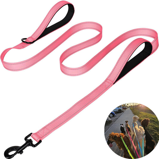 Pink dog leash with black clip on a white background, with an inset showing dogs using multiple leashes.