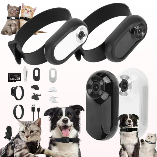 Main image of pets wearing SleekPet HD Collar Cam Farm City Pets also showing how you can attach it to other things such as a harness 