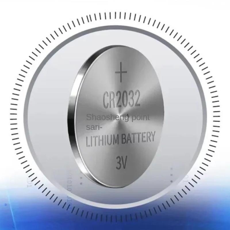 CR2032 lithium battery with a white border on a blue gradient background