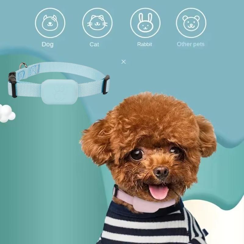 Cute puppy wearing a pink PetPath Positioning Collar with display showing which animals can wear it