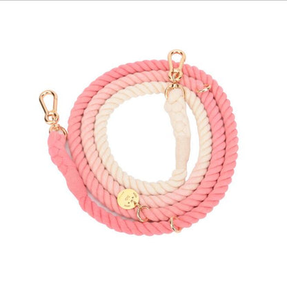 Premium Cotton Rope Dog Leash in Pink & White cotton rope with gold hardware