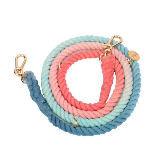Premium Cotton Rope Dog Leash in Blue & Pink cotton rope with gold hardware