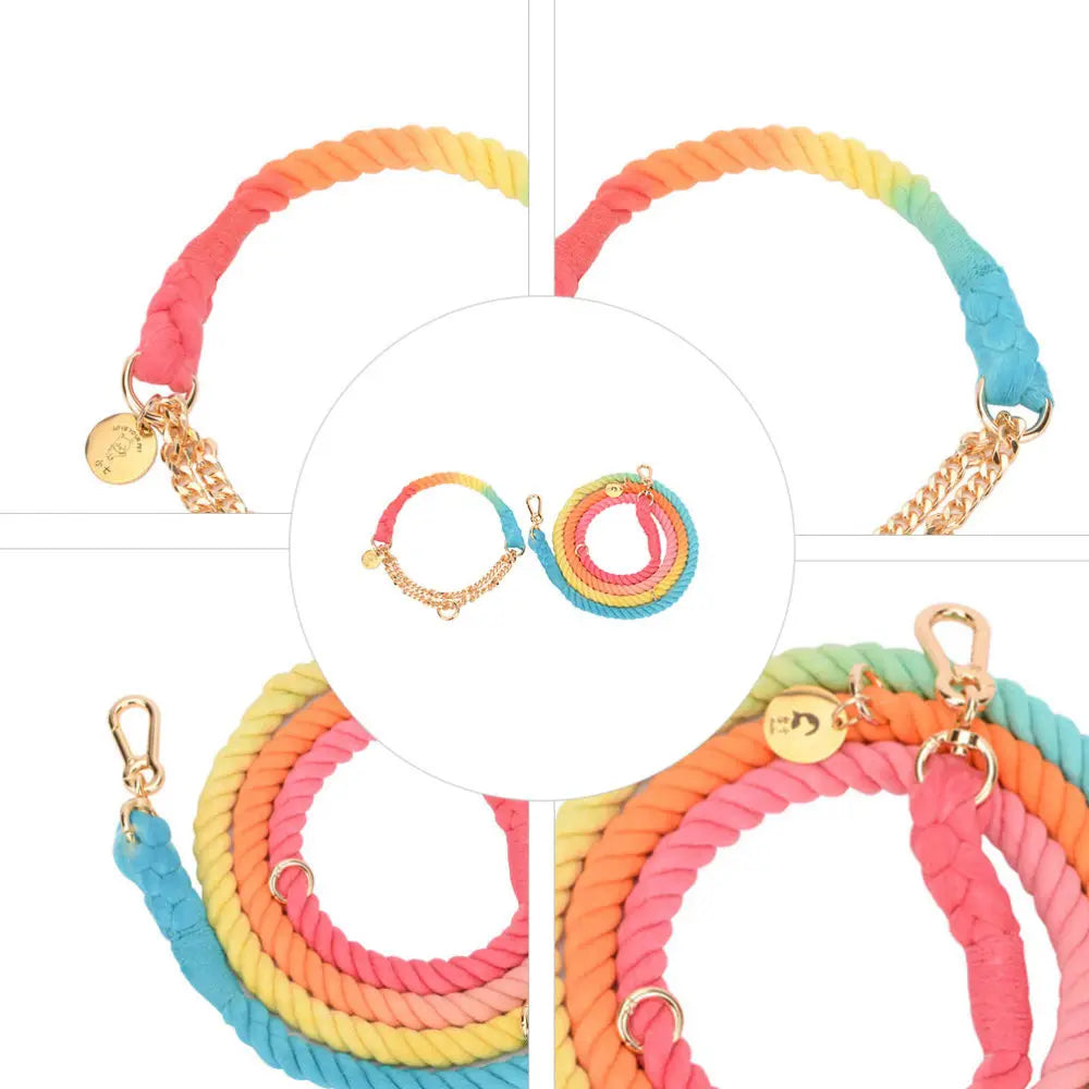 Matching Premium Cotton Rope Dog Leash and Dog Collar set with gold-tone hardware