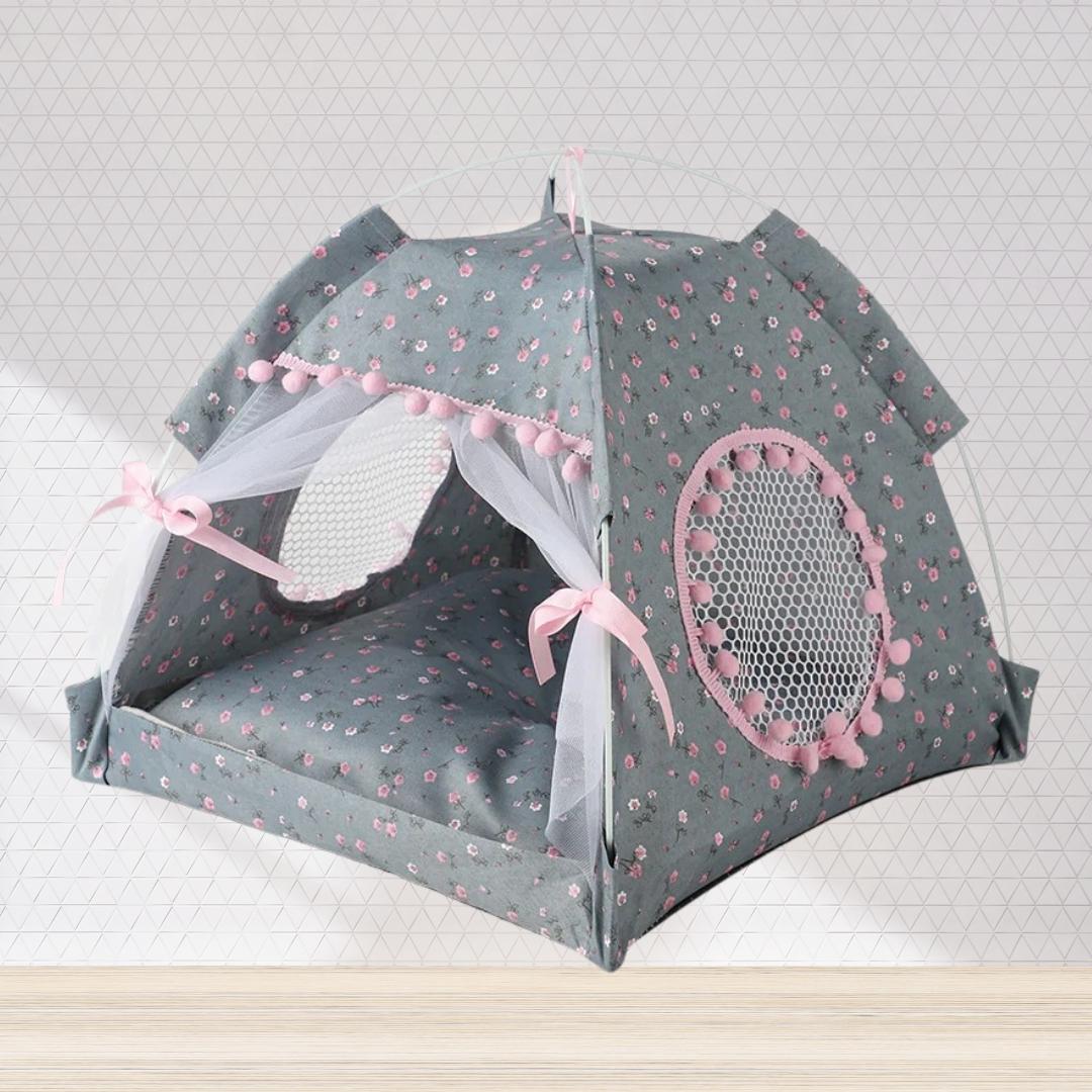Grey indoor pet tent with plush bed

