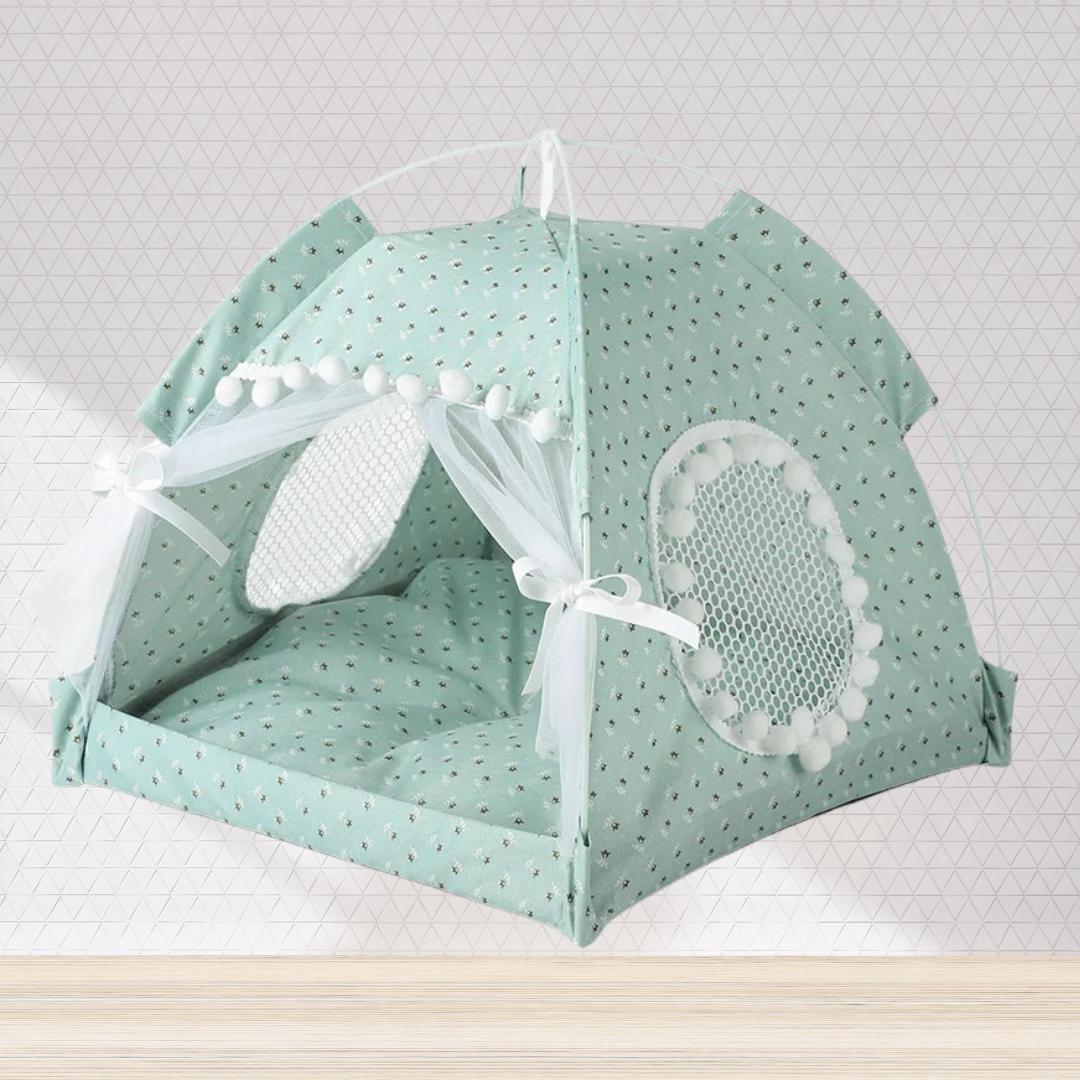 Green indoor pet tent with plush bed

