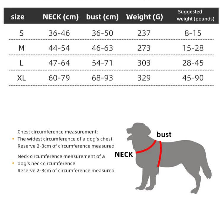 Size Dimensions Reflective No-Pull Dog Harness – Anti-Escape, Heavy-Duty Fit for Large Breeds (4 Colours)