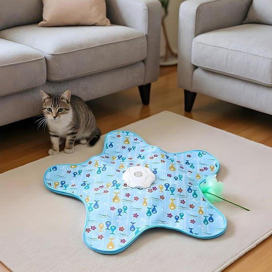 Grey tabby with StarPounce Hide-and-Seek Interactive Cat Toy on carpet in lounge ready to play