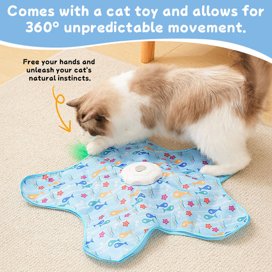 Brown and white cat playing with the blue variant of the interactive StarPounce Hide-and-Seek Cat Toy on carpet