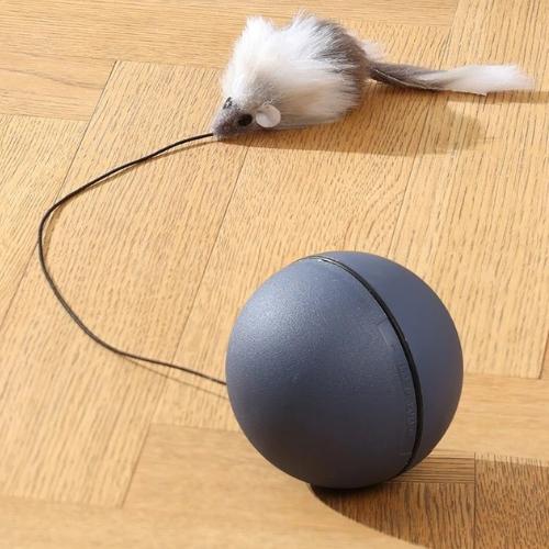 Automatic cat teaser ball with furry mouse wand in grey closeup on wooden floor
