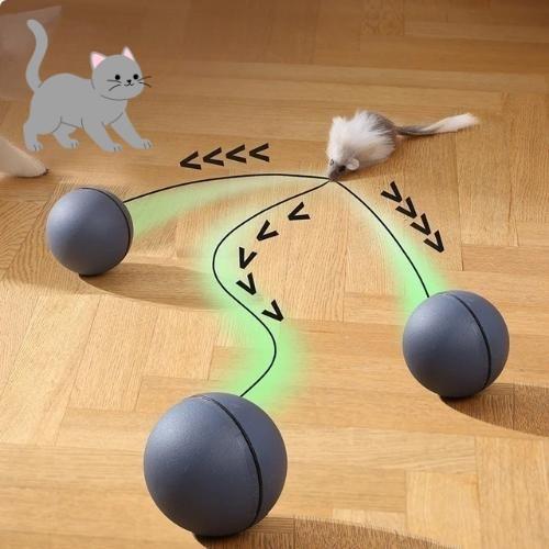 Automatic cat teaser ball with furry mouse wand in grey — smart rolling cat toy Australia.