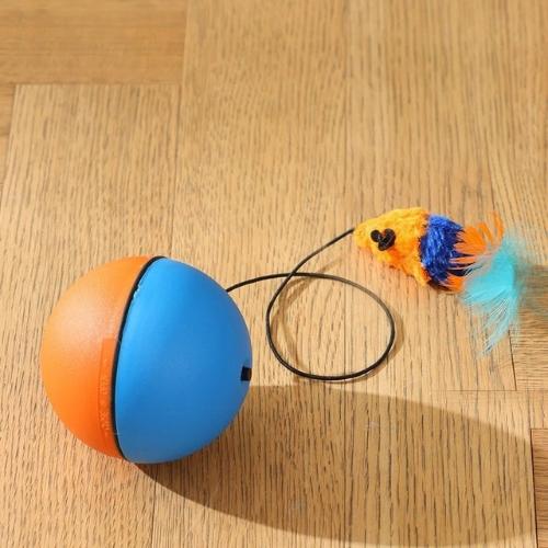Orange Blue automatic cat teaser ball with mouse teaser attachment for active cats