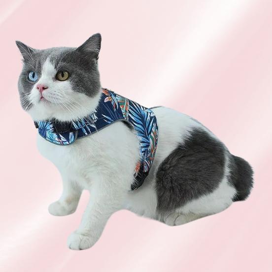 Cute & Comfy Cat Safety Harness + Leash Set - Breathable, Reflective Blue Palms
