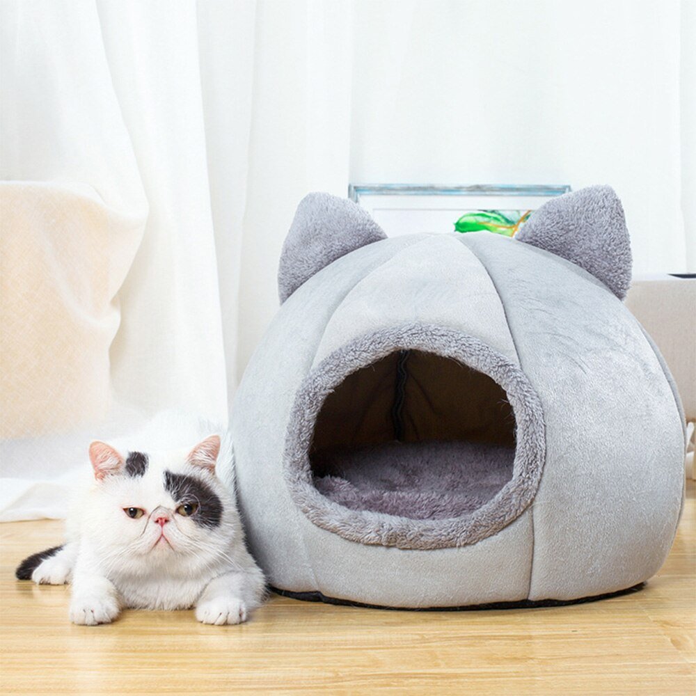 Cosy Cat Cave - Fluffy Round Bed with Cute Ears Farm City Pets
