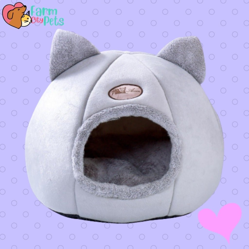 Cosy Cat Cave - Fluffy Round Bed with Cute Ears Farm City Pets