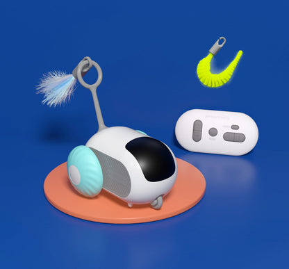 Interactive cat car toy in grey, blue, and orange for indoor cats