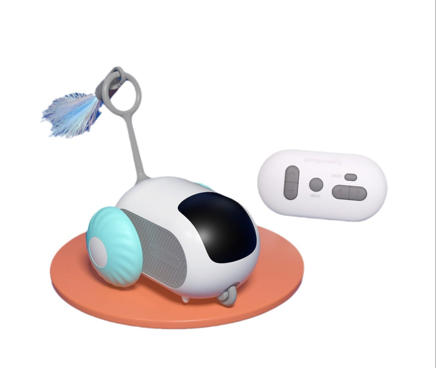 Gravity Motion Cat Car with feather teaser attachment and remote control on white background