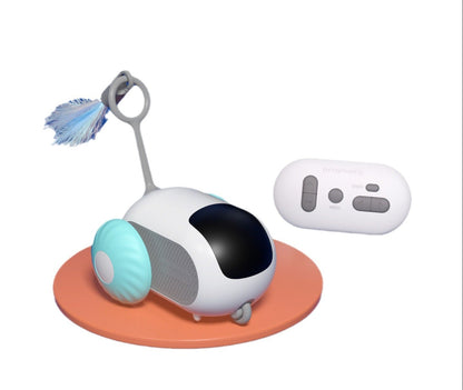 Gravity Motion Cat Car with feather teaser attachment and remote control on white background