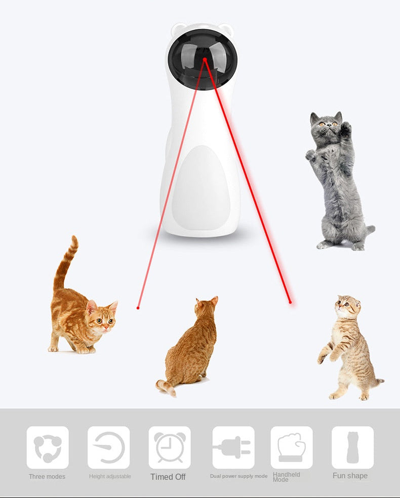 Bear automatic laser cat teaser with images of cats interacting with it on a white background.