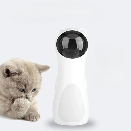 Laser Kitty Auto Chaser automatic laser cat toy in white with cute cat shape and grey kitten looking at it