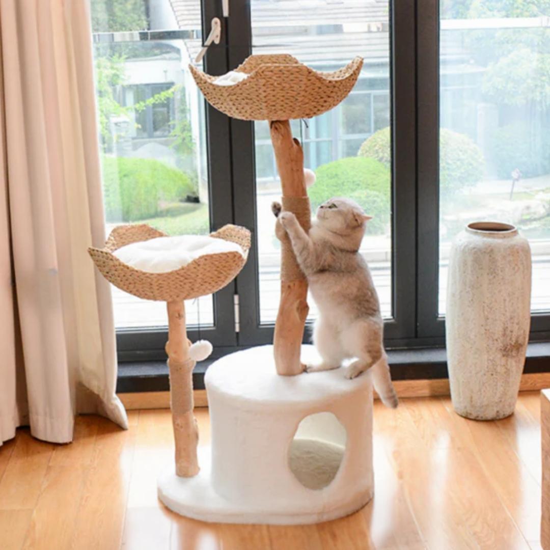 Natural Solid Wood Cat Climbing Frame with Rattan Basket